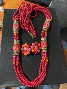 Colorful Multi-Strand Red Beaded Necklace with Orange & Pink Accents